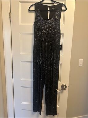 Express Black Sequin Sleeveless Jumpsuit with Scoop Neck